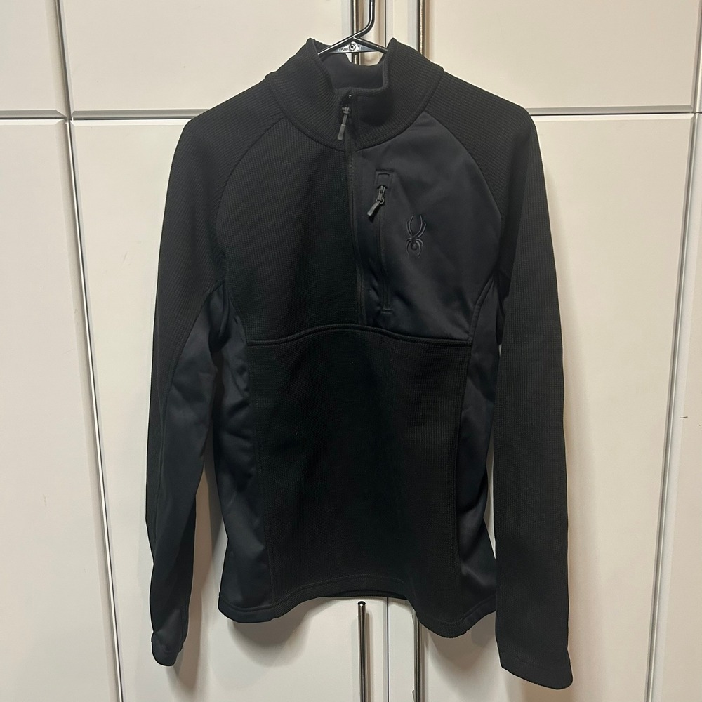 Spyder Mens Black Waffle Knit Quarter Zip Pullover Jacket Size Medium Hybrid